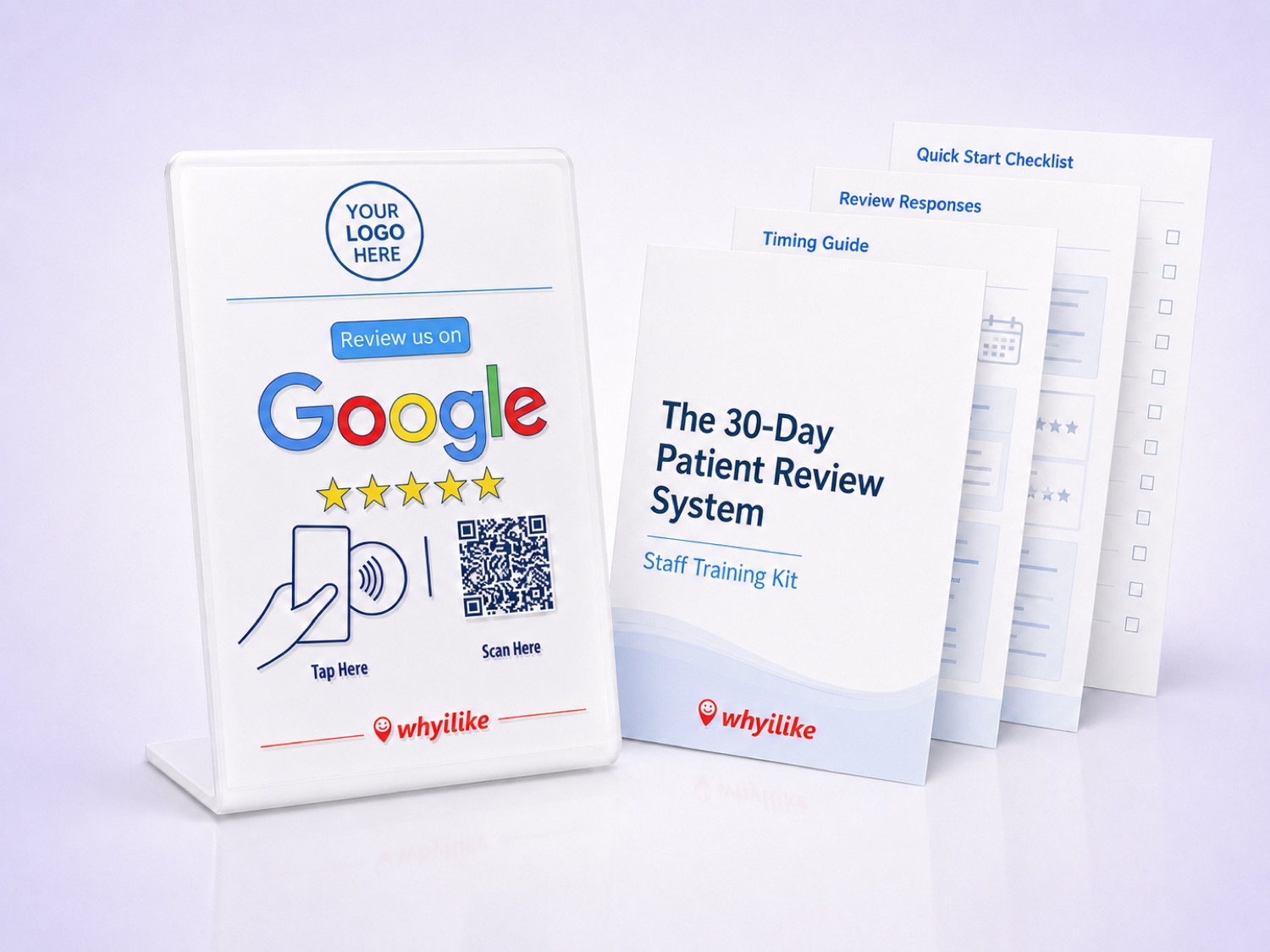 Everything in the 30-Day Patient Review System — the branded stand plus the Staff Training kit